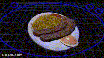 A Plate Of Food With A Sausage , Rice , And Ketchup On It . GIF