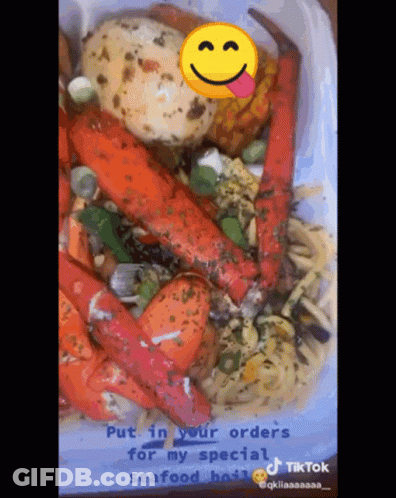 A Plate Of Food With A Smiley Face And The Words Put In Your Orders For My Special GIF