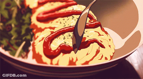 A Plate Of Food With Ketchup On It And A Spoon In It GIF