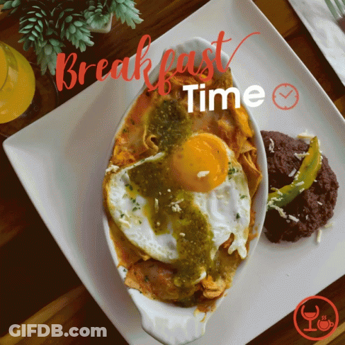 A Plate Of Food With The Words Breakfast Time Written Above It GIF