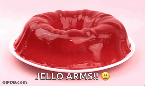 A Plate Of Red Jelly With The Words Jello Arms On The Bottom GIF