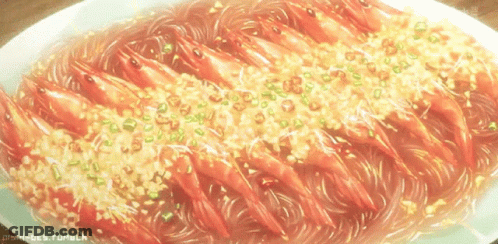 A Plate Of Shrimp And Noodles With A Watermark That Says Hi-Ges.tumblr GIF