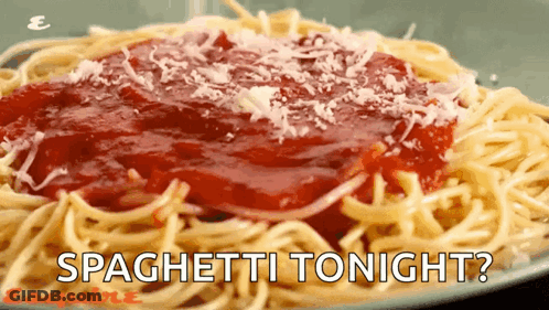 A Plate Of Spaghetti With Tomato Sauce And Cheese With The Words Spaghetti Tonight Above It GIF