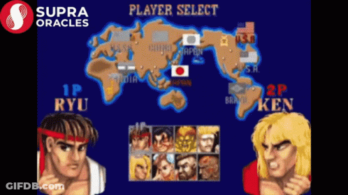 A Player Select Screen For A Video Game With Ryu And Ken Fighting Each Other GIF