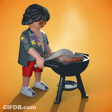 A Playmobil Figure Is Cooking Sausages On A Barbecue Grill GIF
