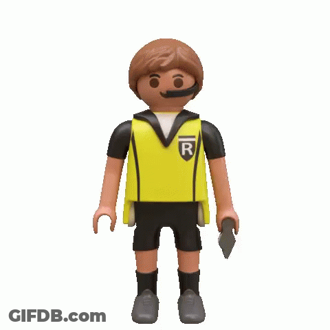 A Playmobil Figure Is Holding A Yellow Card GIF