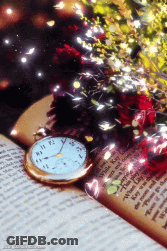 A Pocket Watch Is Laying On Top Of An Open Book With A Blurred Background GIF