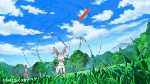 A Pokemon Is Flying A Kite In The Air In A Field . GIF