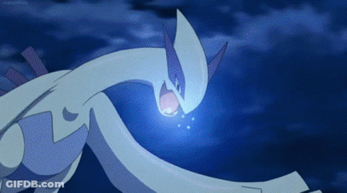 A Pokemon Is Flying Through The Air With A Blue Light Coming Out Of It 'S Mouth . GIF