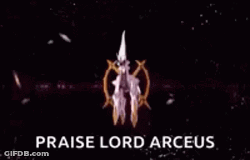 A Pokemon With A Purple Background And The Words `` Praise Lord Arceus '' Written On It . GIF