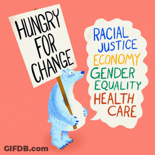 A Polar Bear Holds A Sign That Says Hungry For Change GIF
