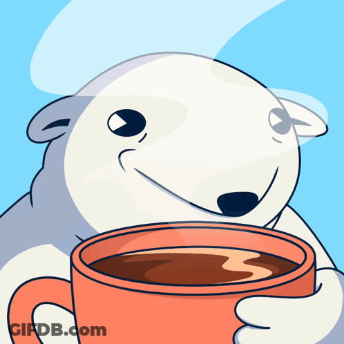 A Polar Bear Is Holding A Cup Of Coffee And Smiling GIF