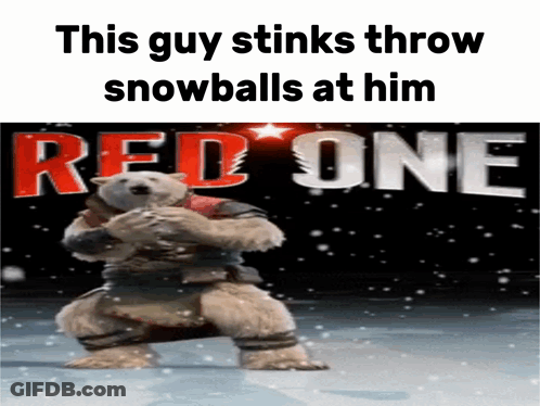 A Polar Bear Is Standing In Front Of A Sign That Says " This Guy Stinks Throw Snowballs At Him Red One " GIF