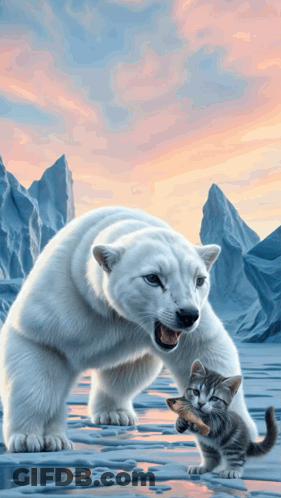 A Polar Bear Standing Next To A Kitten Holding A Fish In Its Mouth GIF