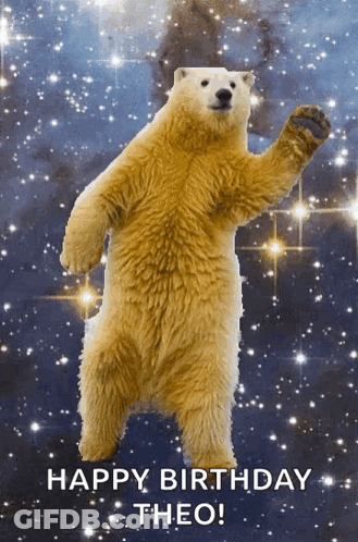 A Polar Bear Standing On Its Hind Legs With The Words " Happy Birthday Theo " Below It GIF