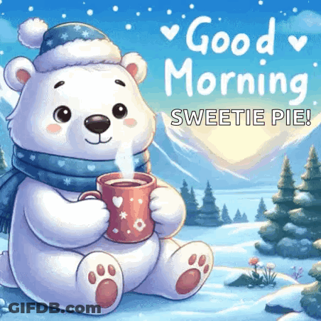 A Polar Bear Wearing A Santa Hat And Scarf Is Holding A Cup Of Coffee . GIF