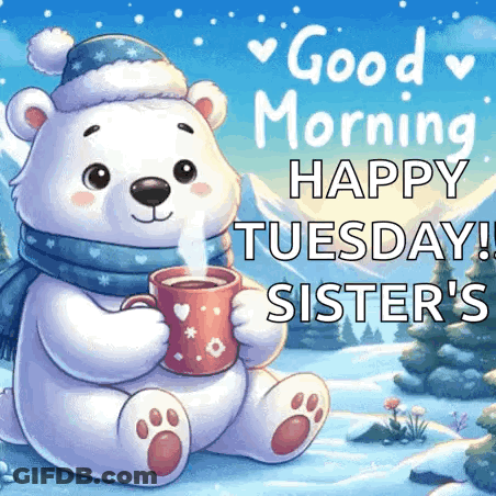 A Polar Bear Wearing A Santa Hat And Scarf Is Holding A Cup Of Hot Coffee . GIF