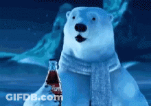 A Polar Bear Wearing A Scarf Is Holding A Bottle Of Coca Cola GIF