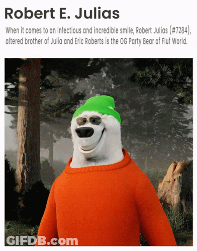 A Polar Bear Wearing An Orange Sweater And A Green Hat GIF