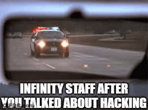 A Police Car Is Driving Down A Highway With The Words " Infinity Staff After You Talked About Hacking " Below It GIF