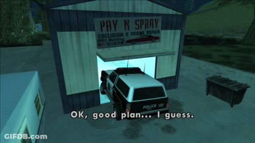 A Police Car Is Parked In Front Of A Pay N Spray Shop GIF