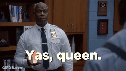 A Police Officer In A White Shirt And Tie Is Holding A Bottle Of Yas Queen GIF
