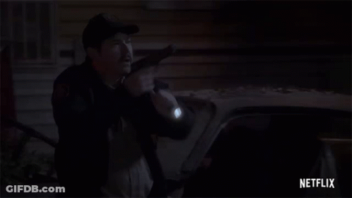 A Police Officer Is Holding A Gun In Front Of A Car At Night . GIF
