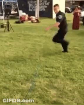 A Police Officer Is Jumping In The Grass . GIF