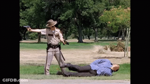 A Police Officer Is Pointing A Gun At A Man Laying On The Grass GIF