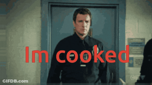 A Police Officer Stands In Front Of A Door With The Words I 'M Cooked Written In Red GIF