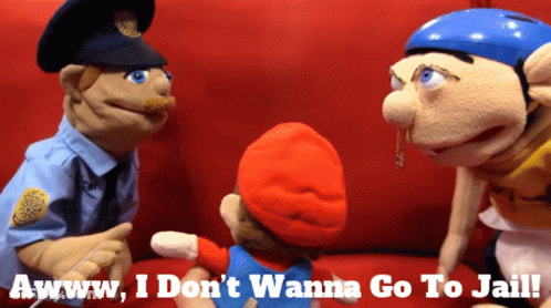 A Police Officer Talking To Two Mario Puppets With The Caption Awww I Don T Wanna Go To Jail GIF