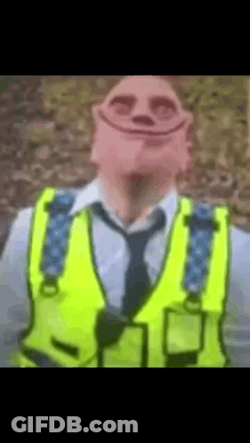 A Police Officer Wearing A Yellow Vest And Tie With A Cartoon Face On His Face . GIF