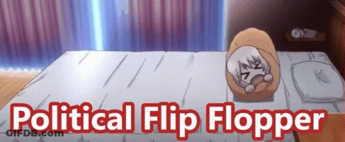 A Political Flip Flopper Advertisement With A Cartoon Character Sleeping On A Bed GIF