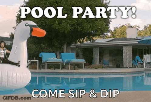 A Pool Party Advertisement With A Woman On An Inflatable Swan In The Pool GIF