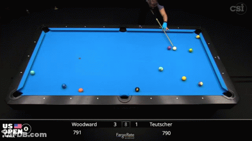 A Pool Table With A Blue Cloth And A Man Holding A Cue GIF