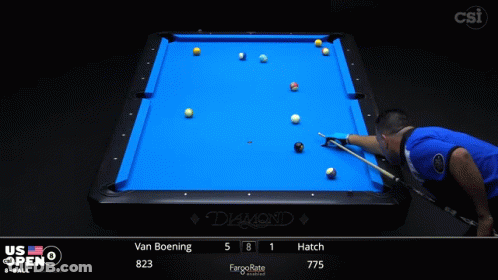 A Pool Table With A Blue Cloth And A Man Playing Pool GIF