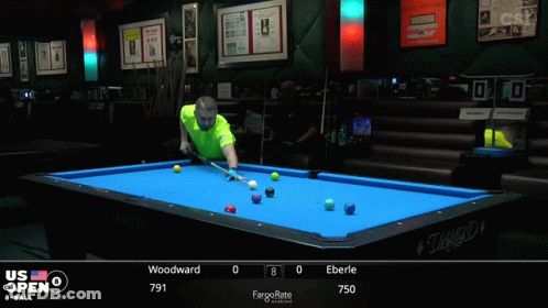 A Pool Table With A Blue Cloth And A Person Holding A Cue On It GIF