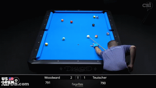 A Pool Table With A Blue Cloth And A Scoreboard That Says Us Open GIF