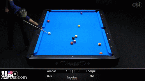 A Pool Table With A Scoreboard That Says Aranas 1 Thorpe 805 Fargorate 766 GIF