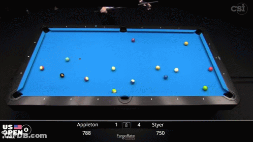 A Pool Table With A Scoreboard That Says Us Open 8 Ball GIF