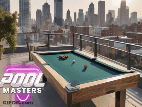 A Pool Table With Pool Masters Written On The Top GIF