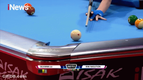A Pool Table With Silviana Lu And Rini Nasution Playing Pool GIF