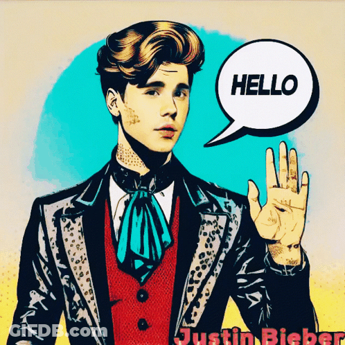 A Pop Art Drawing Of Justin Bieber With A Speech Bubble Saying Hello GIF