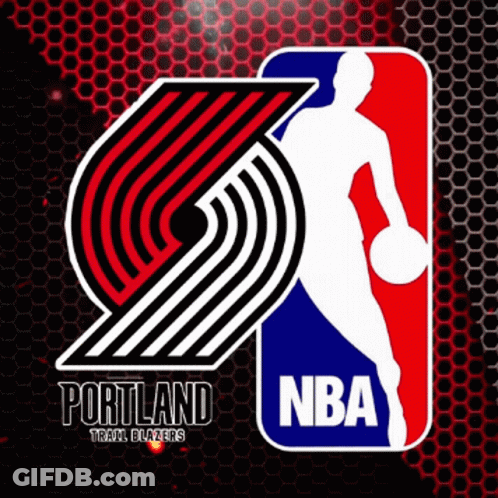 A Portland Trail Blazers Logo With A Man Holding A Basketball GIF
