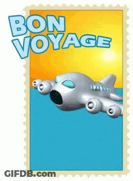 A Postage Stamp That Says Bon Voyage With An Airplane In The Background GIF