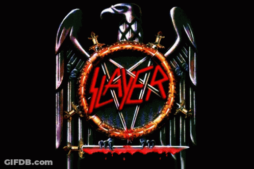 A Poster For A Band Called Slayer With A Eagle And Swords GIF