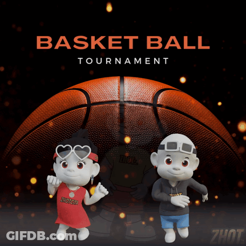 A Poster For A Basketball Tournament With Two Cartoon Characters In Front Of A Basketball GIF