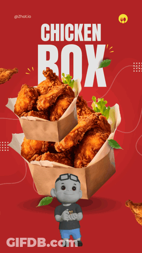 A Poster For A Chicken Box With A Boy Holding A Box Of Chicken GIF