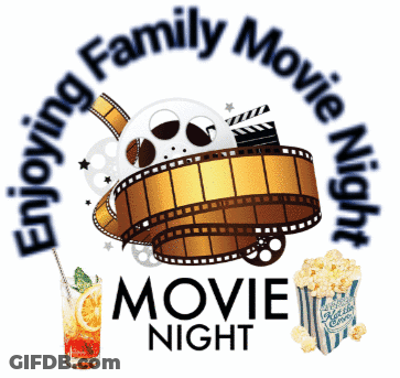 A Poster For A Family Movie Night With Popcorn And Drinks GIF