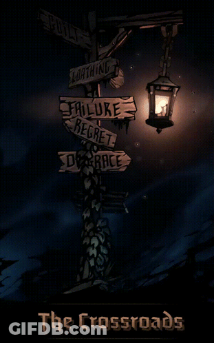 A Poster For A Game Called The Crossroads Shows A Street Sign GIF